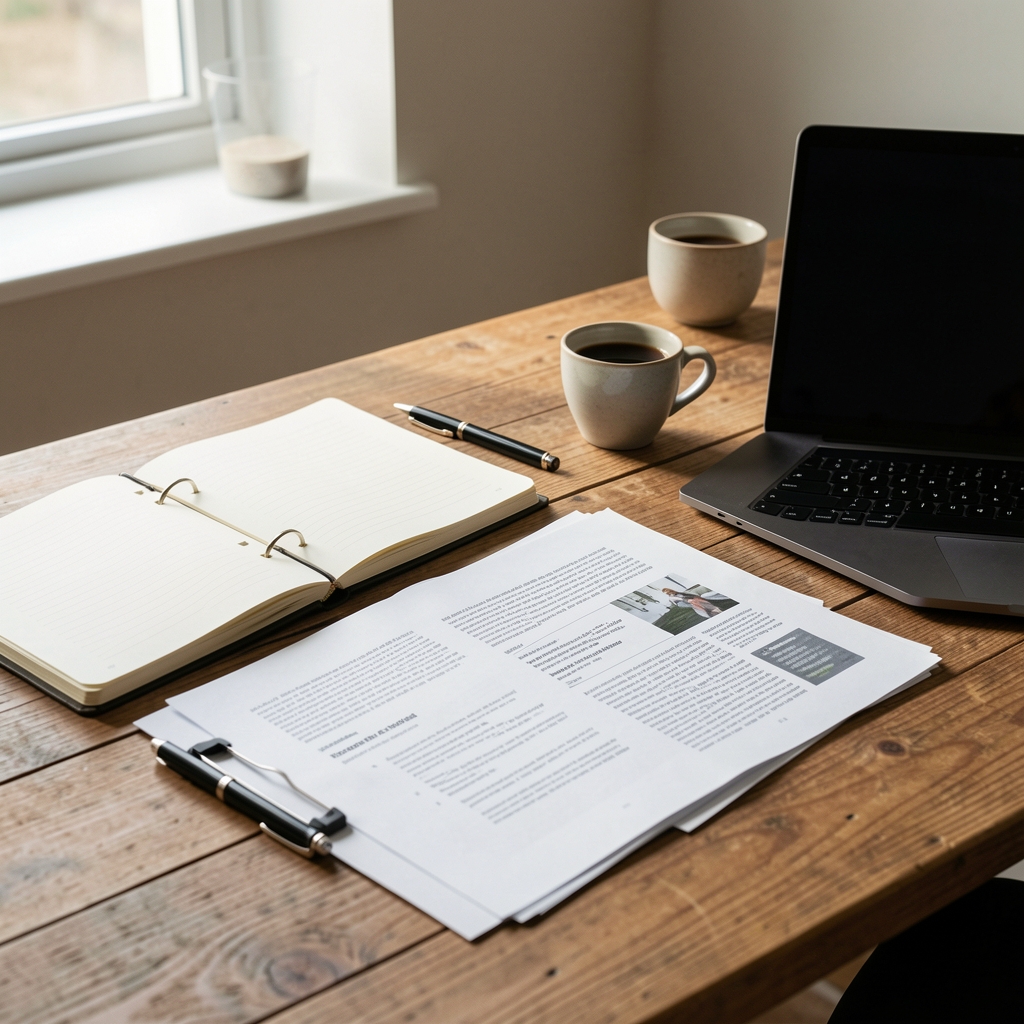 Editorial workspace with notebooks, printed research papers, a laptop, and a cup of coffee arranged on a wooden desk in morning natural light
