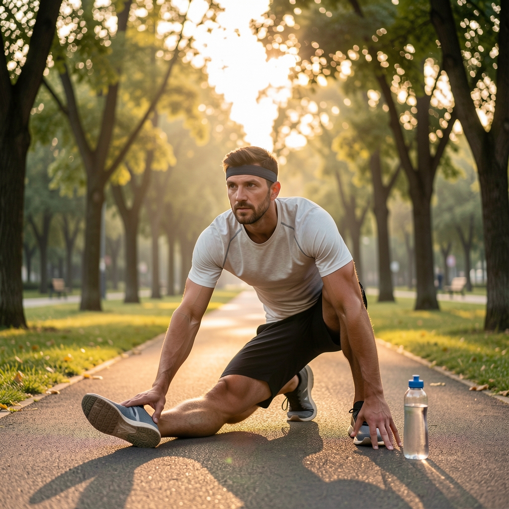 Active man in outdoor fitness setting stretching on a park path at dawn, surrounded by trees, wearing a light athletic top with a water bottle beside him