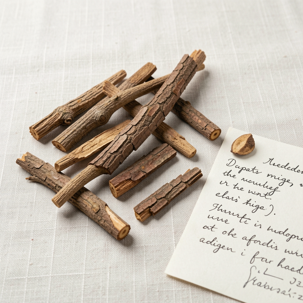 Close-up studio photograph of dried adaptogen roots and bark pieces laid out on a clean light linen surface with handwritten botanical notes alongside them