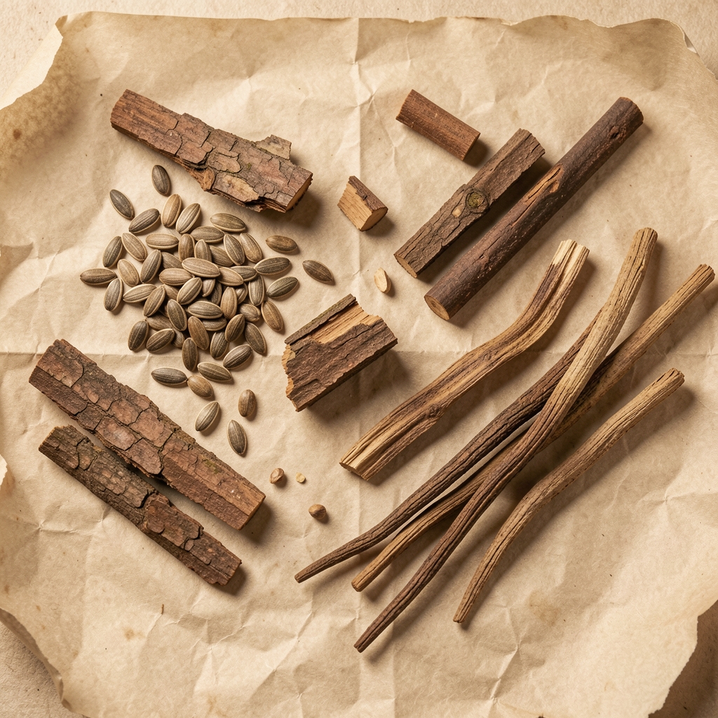Flat lay of natural supplement ingredients including whole seeds, bark pieces, and dried roots arranged on aged parchment paper under studio lighting