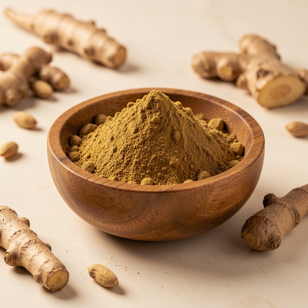 Close-up of ashwagandha root powder in a wooden bowl on a clean workspace with warm studio lighting and natural props